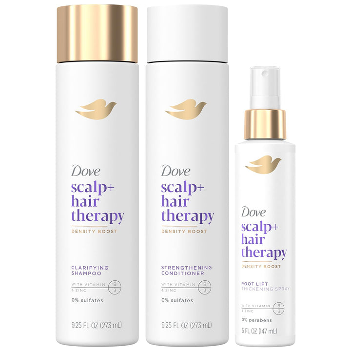 Dove Scalp + Hair Therapy Bundle – Density Boost Clarifying Shampoo and Strengthening Conditioner + Root Lift Thickening Spray with Vitamins B3 & E, Zinc & Peptides (3 Piece Set)