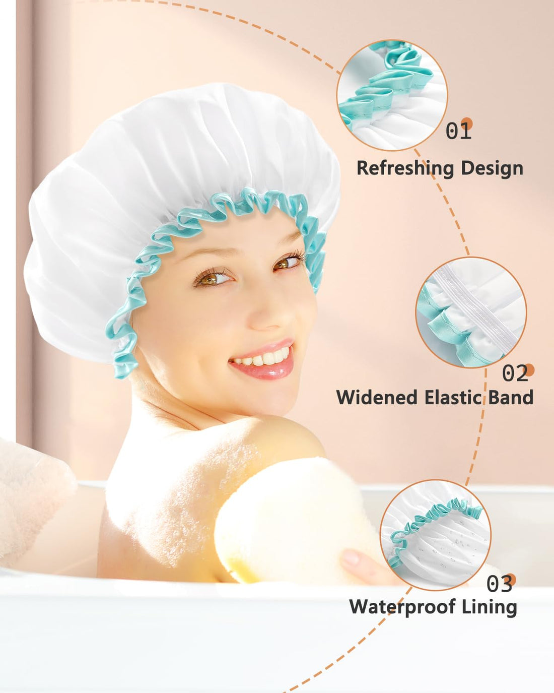 White Shower Cap for Long Hair 2 Pack, Waterproof Mold Resistant Washable Hair Caps for Women and Girls, Super Cute and Extra Large by mikimini