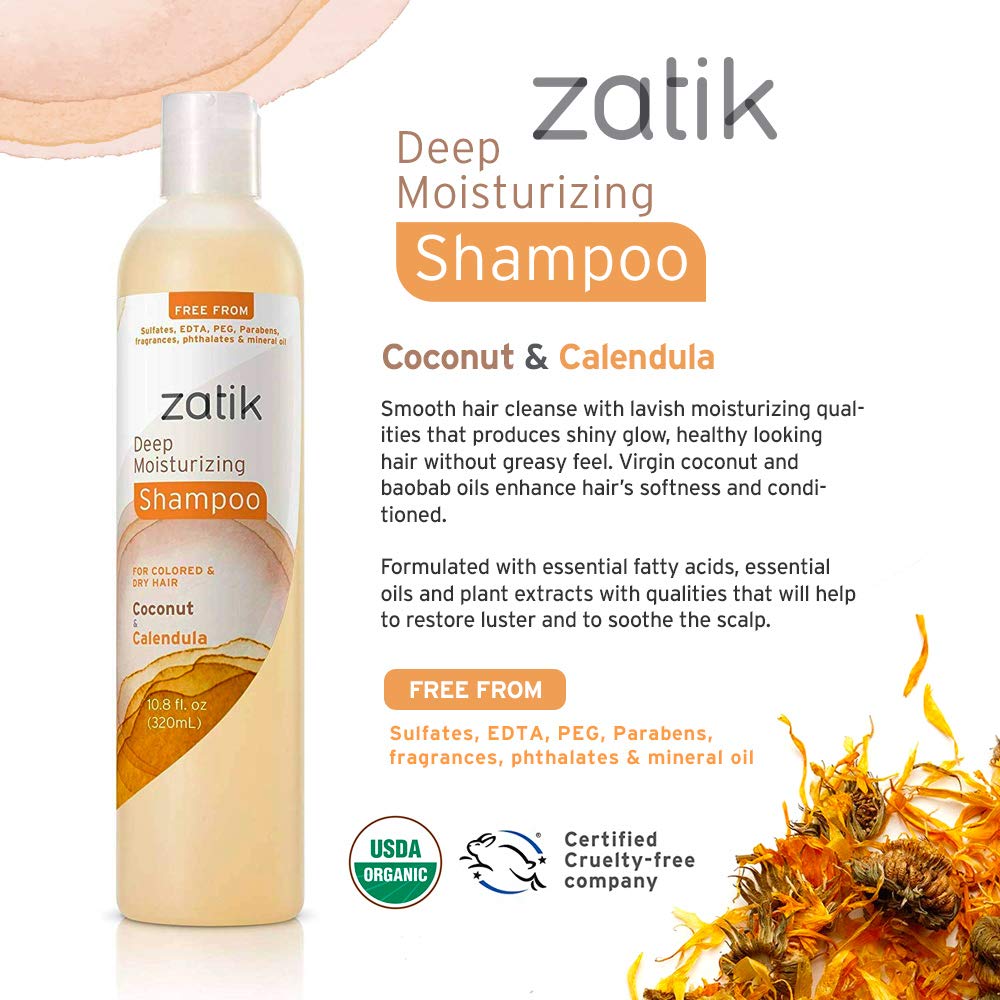 Zatik Naturals - Coconut and Calendula Deep Moisturizing Shampoo Vegan Bio-degradable pH balanced (10.8 fl oz 320 ml) for Colored and Dry Hair Free From Sulfates, phthalates & mineral oil
