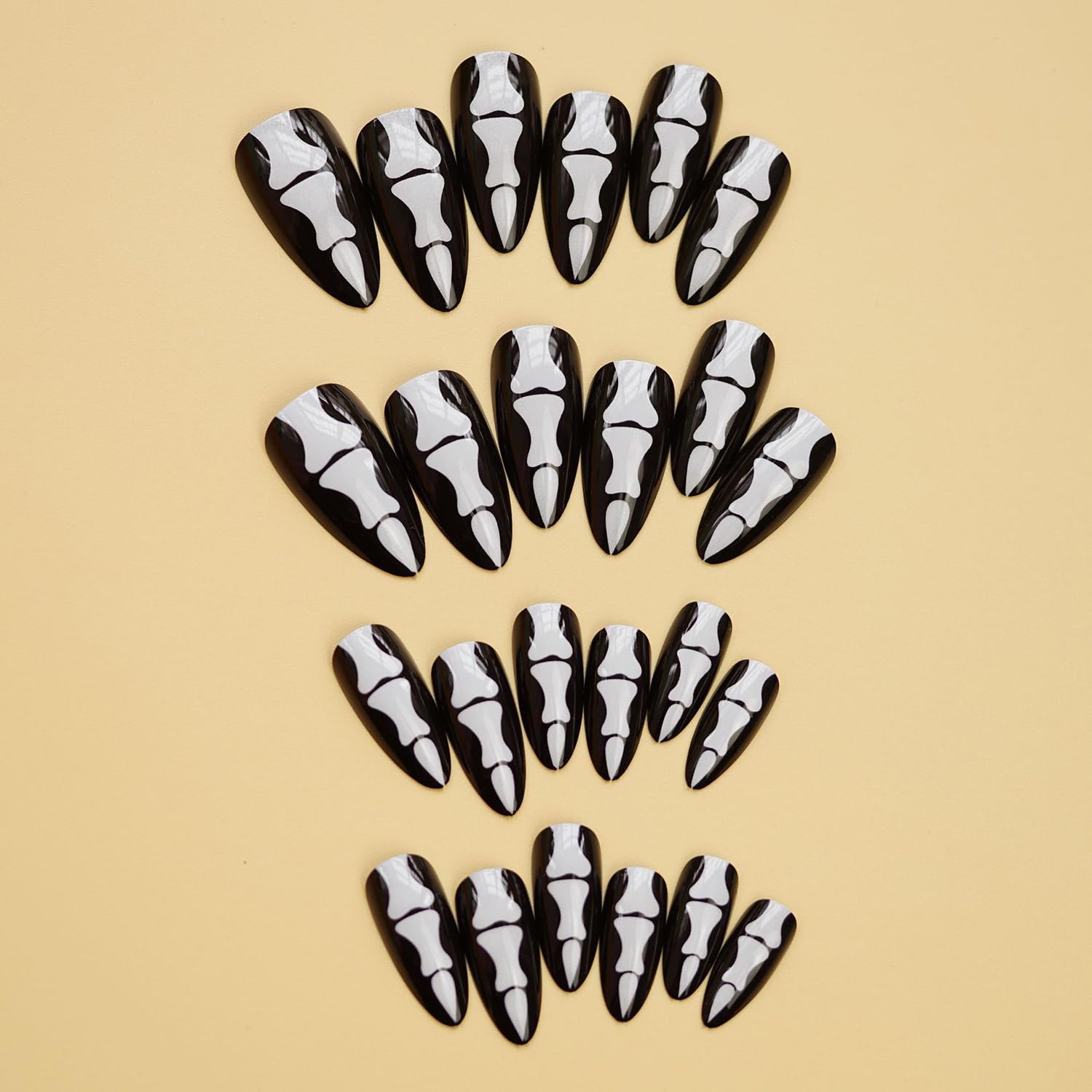 24 Pcs Almond Press on Nails Long Stiletto Fake Nails with Glue Black False Nails with Skeleton Palm Design Acrylic Nails Press ons Halloween Glue on Nails Artificial Stick on Nails for Women Girls