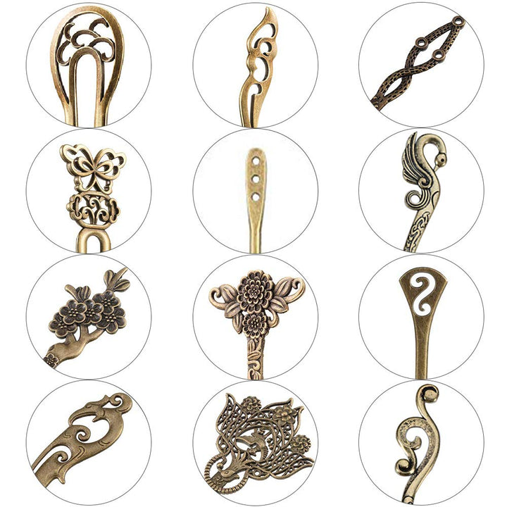 24 Pieces Chinese Women Hair Sticks, AUHOKY Vintage Bronze Decorative Hair Pin Chopsticks, Antique Retro Hair Forks for Hair DIY Accessory, 12 Styles