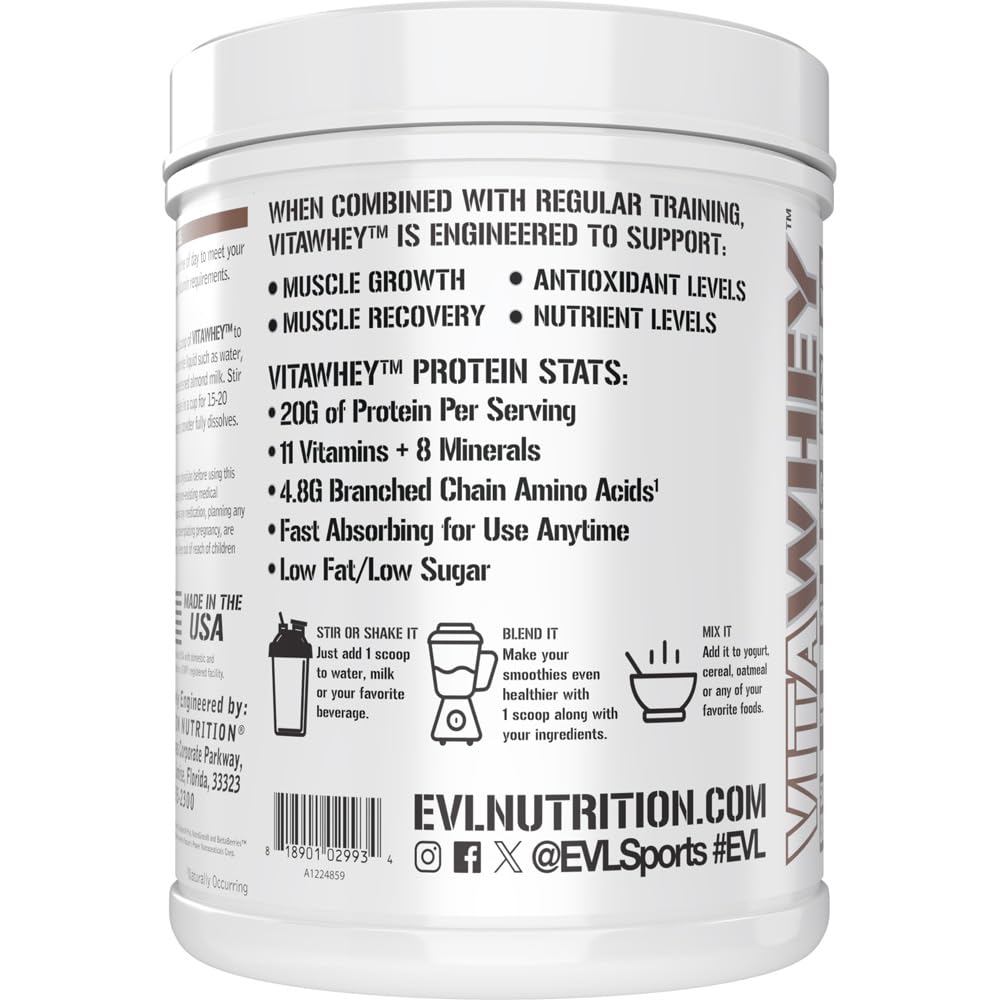 Evlution Nutrition VitaWhey - 100% Whey - Vitamins & Minerals - Muscle Growth, Strength & Recovery - Multivitamin Protein Powder - 20g Protein Per Serving - Fast Absorbing - 20svg - Chocolate