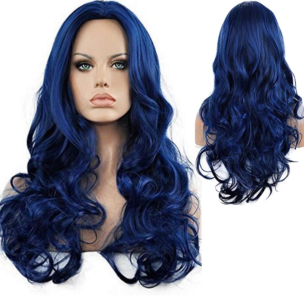 Kaneles Long Curly Wavy Blue Wigs for Women Ultra Soft Heat Resistant Fiber Party Cosplay Accessories (Blue)