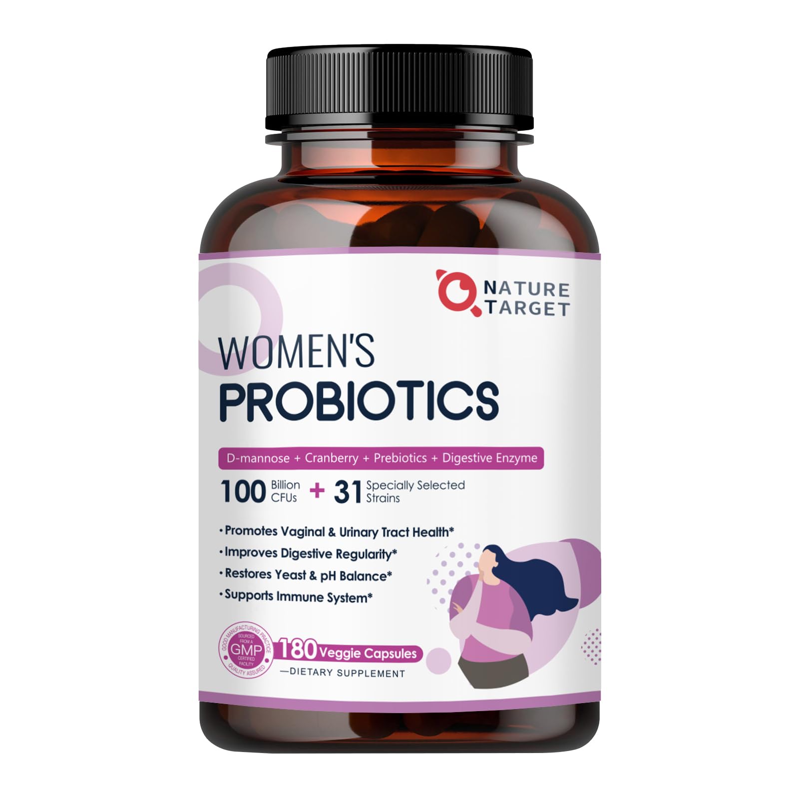 NATURE TARGET Probiotics for Women, 100 Billion CFUs Probiotic with Digestive Enzymes & Prebiotics, Vaginal Probiotics with Cranberry for Urinary Tract Health, pH Balance, 180 Veggie Capsules