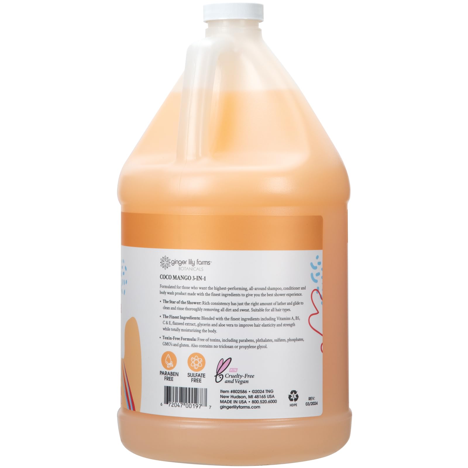 Ginger Lily Farms Botanicals 3-in-1 Shampoo, Conditioner & Body Wash, Coco Mango, 100% Vegan & Cruelty-Free, Coconut Mango Scent, 1 Gallon (128 fl oz) Refill