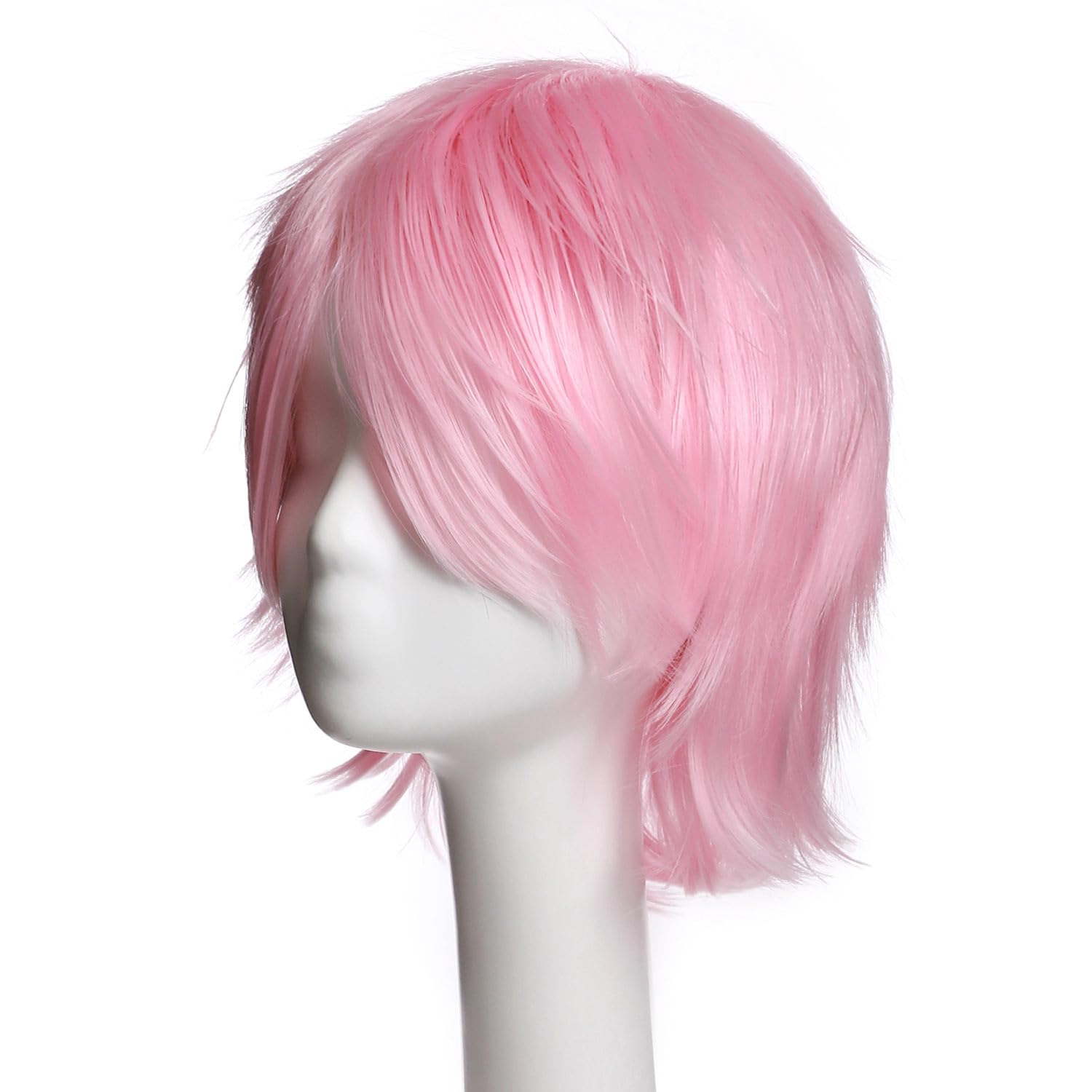 Short Anime Cosplay Wigs for Women and Men Unisex Halloween Costume Pink Wig Oblique Bangs + One elastic wig cap for free