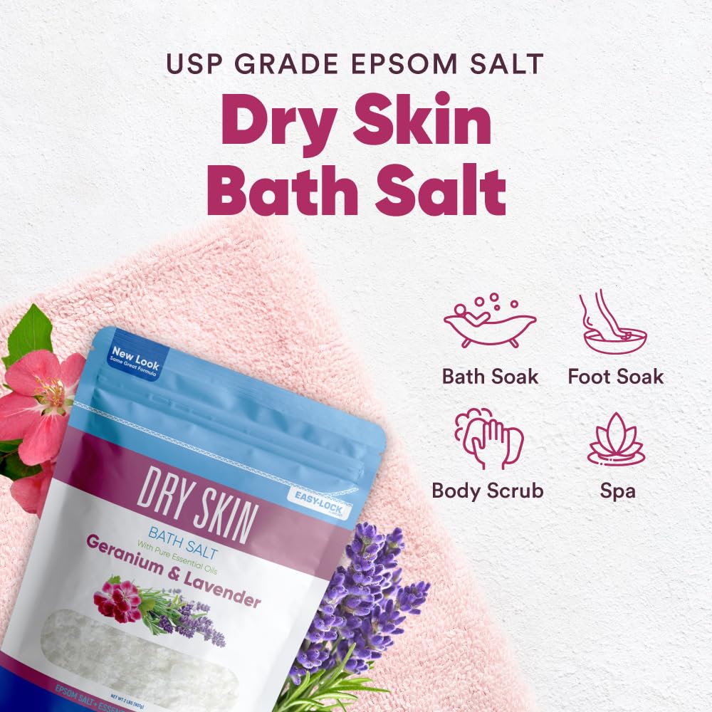 Dry Skin Bath Salt 32 Ounces (2 Lbs) Epsom Salt with Natural Geranium and Lavender Essential Oils Plus Vitamin C in BPA Free Pouch with Easy Press Lock Seal Made in USA