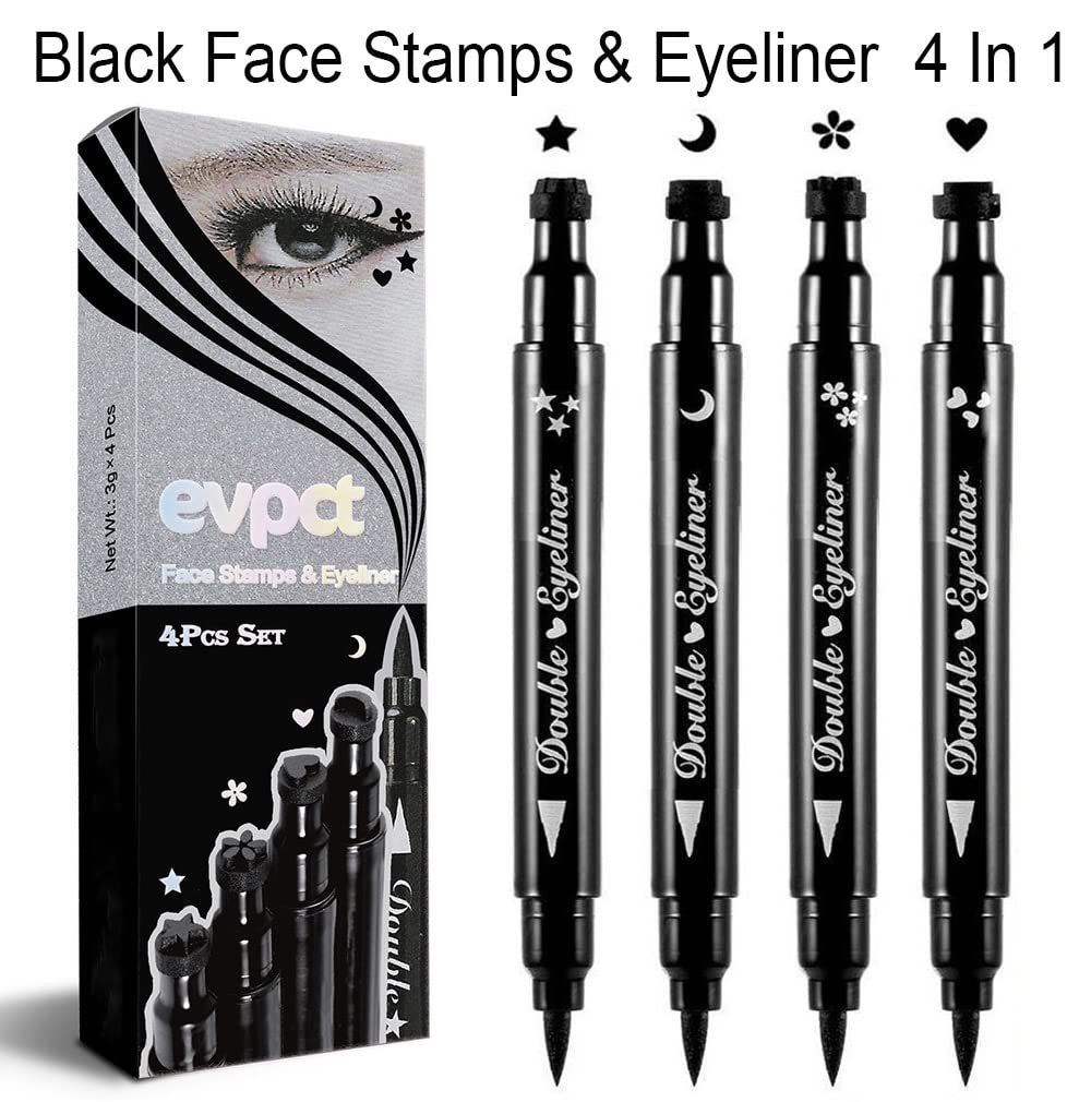 EVPCT 4-in-1 Star Flowers Hearts Face Makeup Set - Black Colored Liquid Winged Eyeliner Stamp, Waterproof Star Eye Liner Wing Eyeliner Stamp Figures Tool