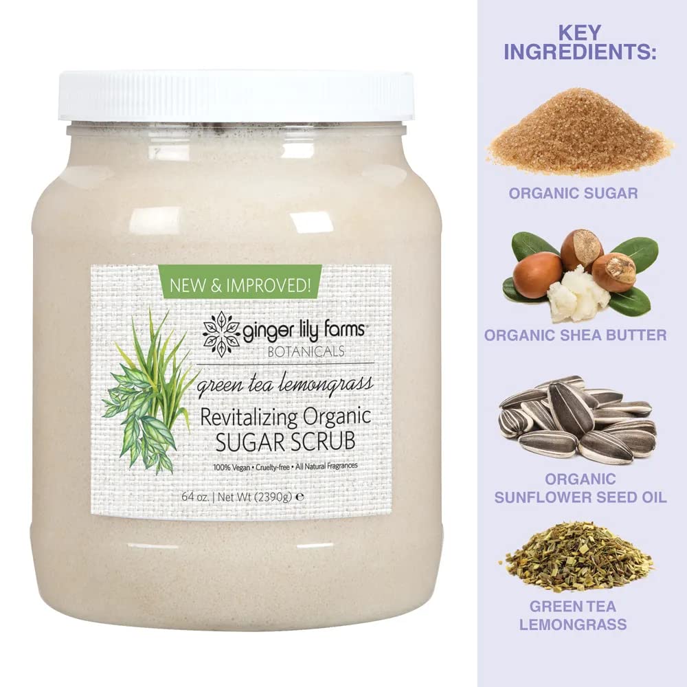 Ginger Lily Farms Botanicals Revitalizing Organic Sugar Scrub, All-Natural Skin Exfoliating Sugar Crystals, 100% Vegan & Cruelty-Free, Green Tea Lemongrass, 64 oz.