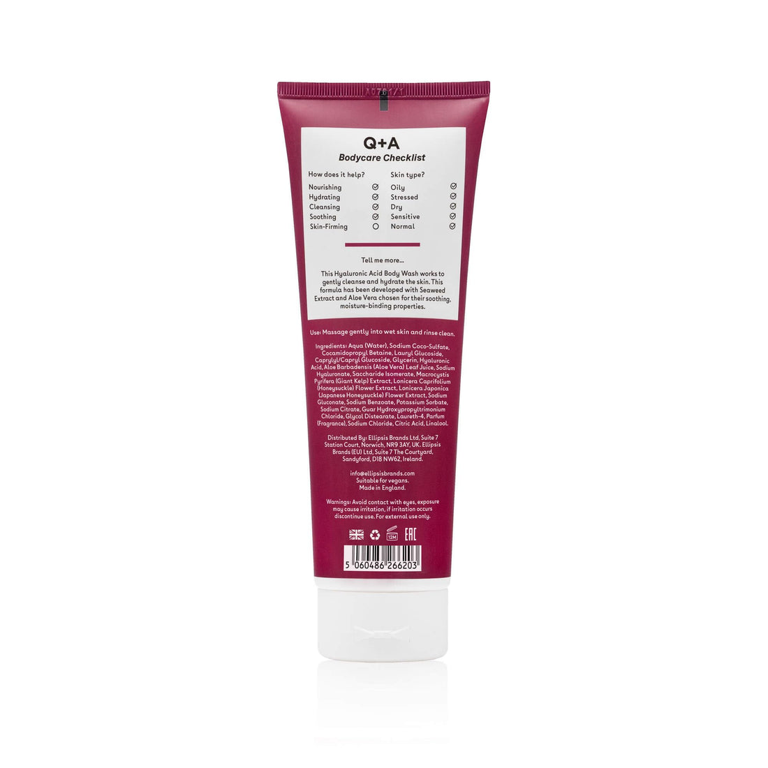 Q+A Hyaluronic Acid Body Wash, a blend of Hyaluronic Acid, Giant Kelp Extract and Saccharide Isomerate, and a fresh Apple and Avocado scent 250ml