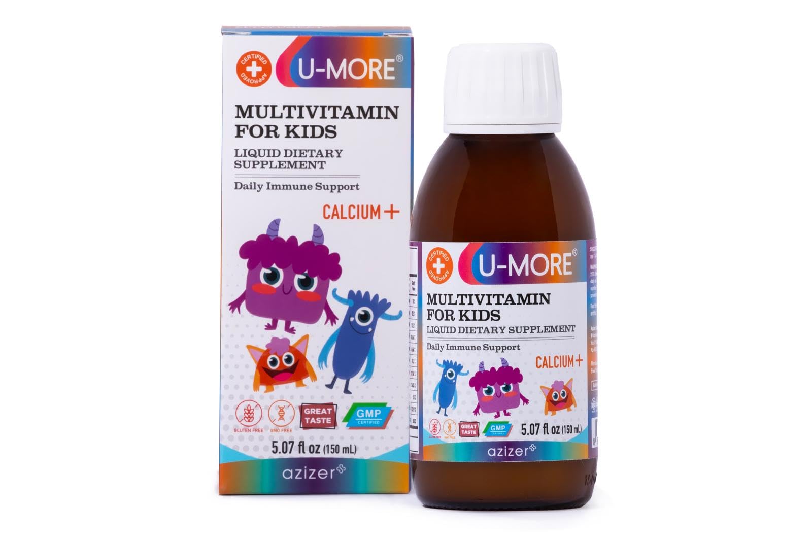 U-MORE Children's Multivitamin Syrup with Calcium, Vitamins C, B3, E, B5, Zinc, B2, B1, B6, A, D - Energy & Immune Support - 5.07 fl oz