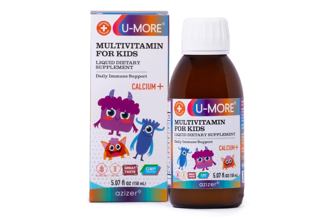 U-MORE Children's Multivitamin Syrup with Calcium, Vitamins C, B3, E, B5, Zinc, B2, B1, B6, A, D - Energy & Immune Support - 5.07 fl oz