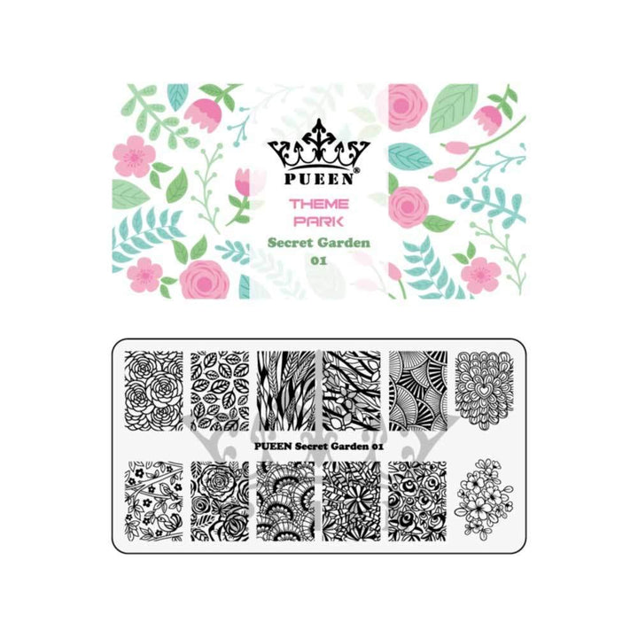 PUEEN Nail Art Stamping Plate - Secret Garden 01 - Theme Park Collection 125x65mm Unique Nailart Polish Stamping Manicure Image Plates Accessories Kit - BH000712