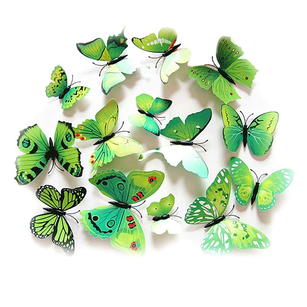 Somotersea 24PCS 3D Butterfly Wall Decal Removable Refrigerator Magnets Stickers Decor for Kids Room Decoration Home and Bedroom Art Mural Green
