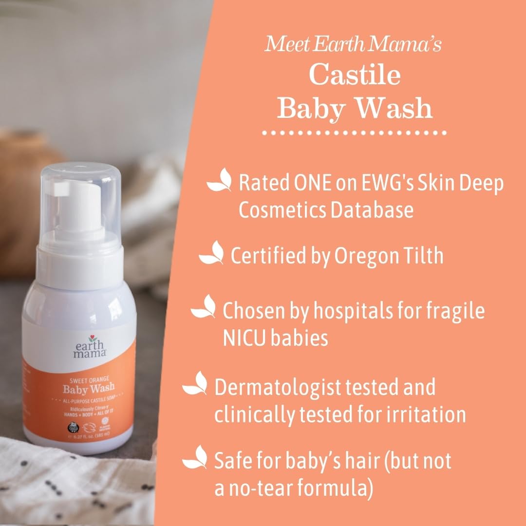 Earth Mama Sweet Orange Baby Liquid Wash Foaming Hand Soap, Organic All Purpose Body Wash for Sensitive Skin, Castile Soap with Coconut Oil, Shea Butter, Calendula, & Aloe, (Packaging May Vary)