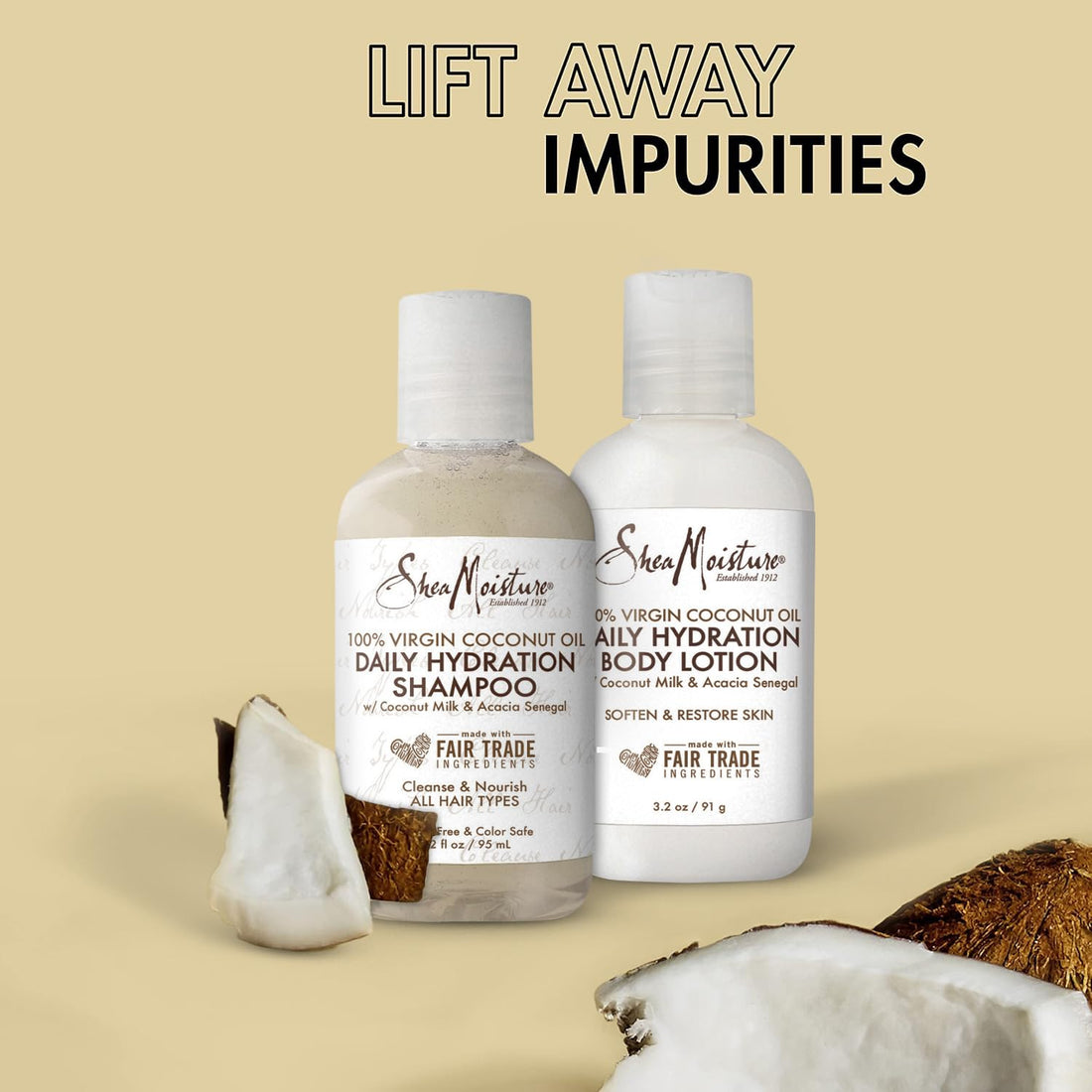 SheaMoisture Travel Essentials, Shampoo & Body Lotion, Daily Hydration Formulas with Coconut Milk & Acacia Senegal in Travel-Size Mini Bottles, 3.2 Oz Ea