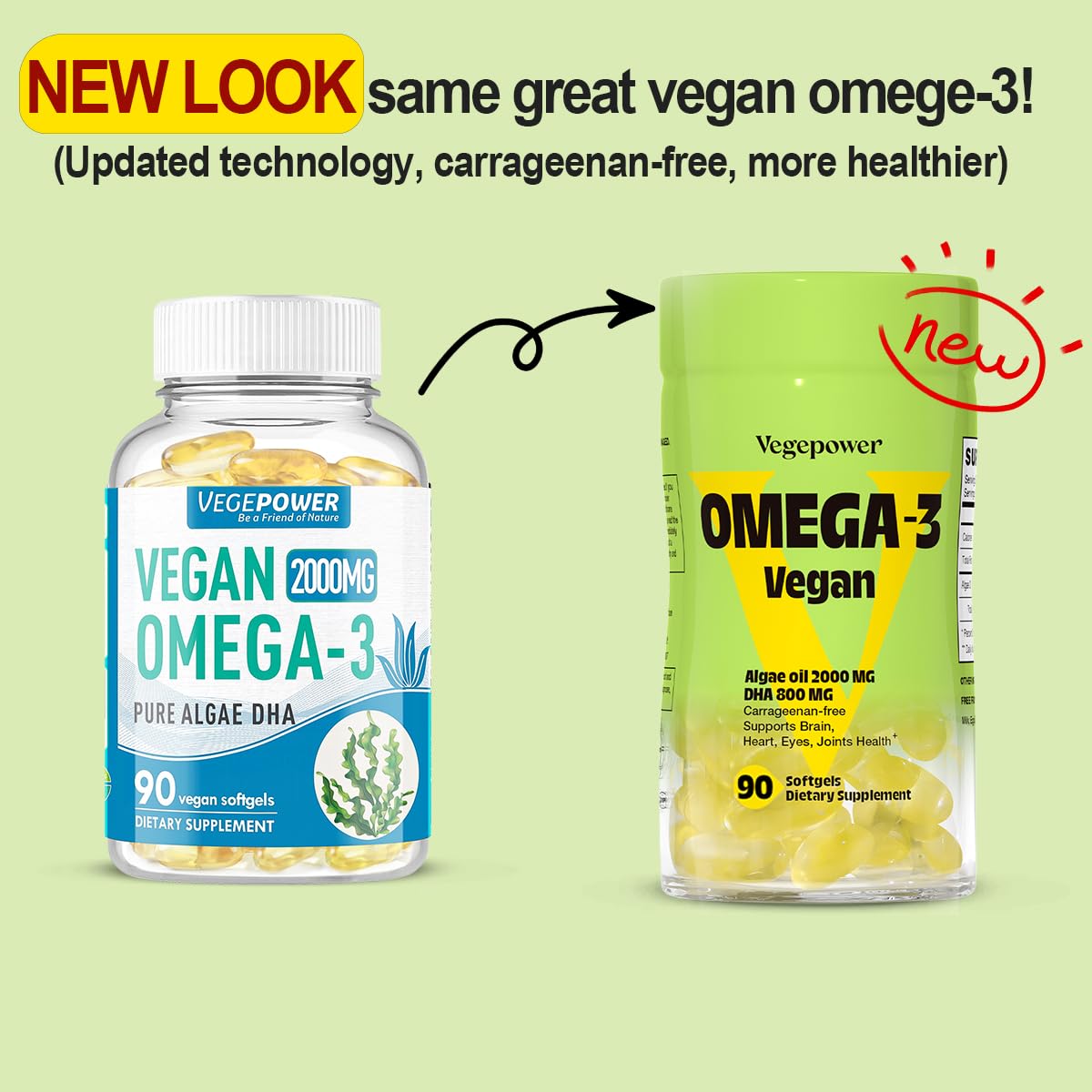 Vegan Omega-3 Algae DHA Supplements - 2000mg Algae Oil, Plant-Based Prenatal Algal DHA, 90 Carrageenan Free Softgels -Sustainable Fish Oil Alternative Supports Brain, Heart, Eyes, Joint Health