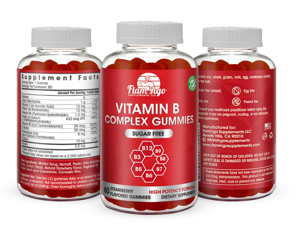 Sugar Free Vitamin B Complex Gummies - Vitamin B12, B7, B6, B3 (Niacin), B5, B8, B9 (Folate)- Third Party Tested- Prenatal, Vegan Diet, Older Adults - B Complex Vitamin Supplement- 60 Gummy Bottle