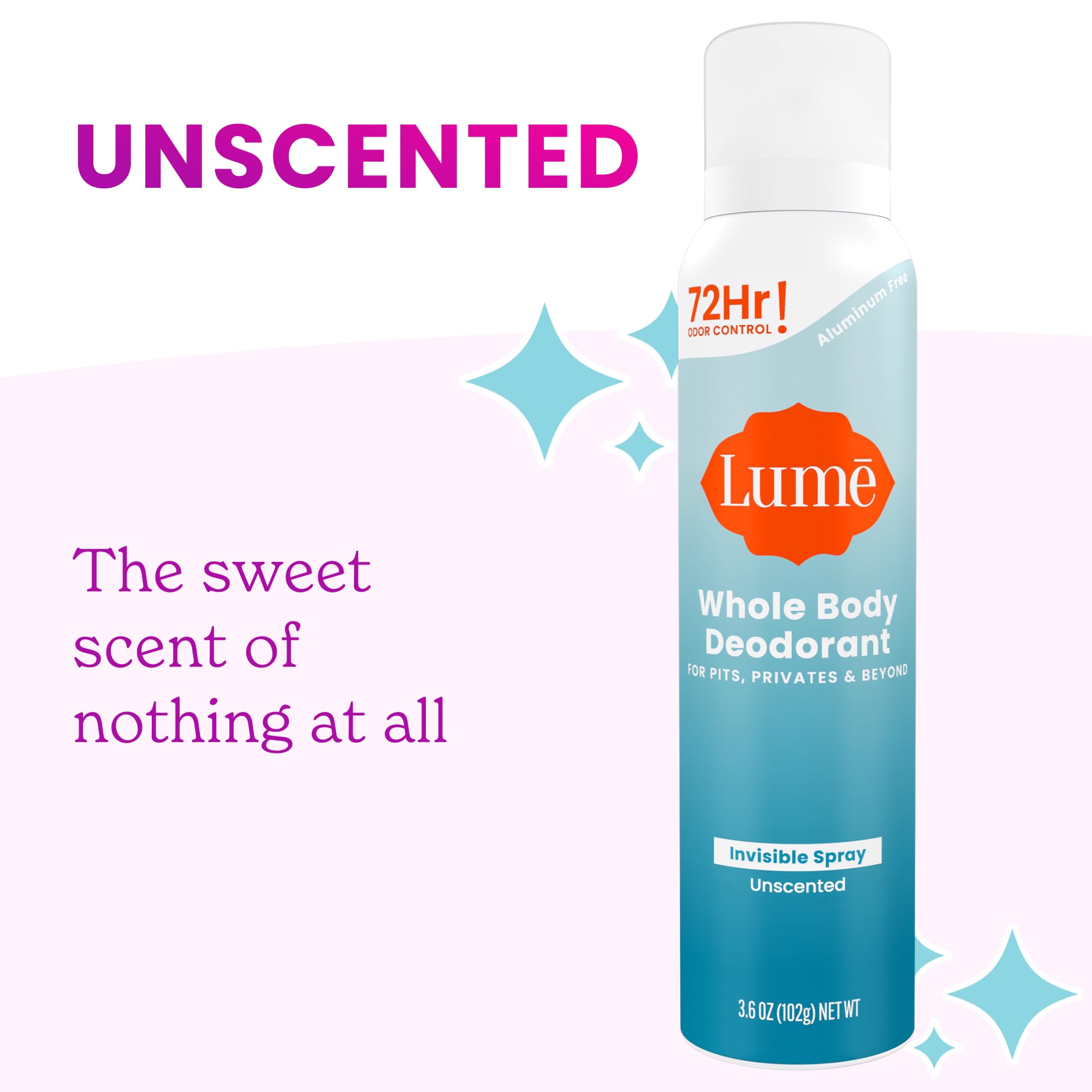 Lume Invisible Spray Deodorant For Women - Whole Body Deodorant Spray - 72 Hr Odor Control - Ozone Friendly, Natural Propellant - Aluminum & Baking Soda Free, Skin Loving - 2 pack (Unscented)