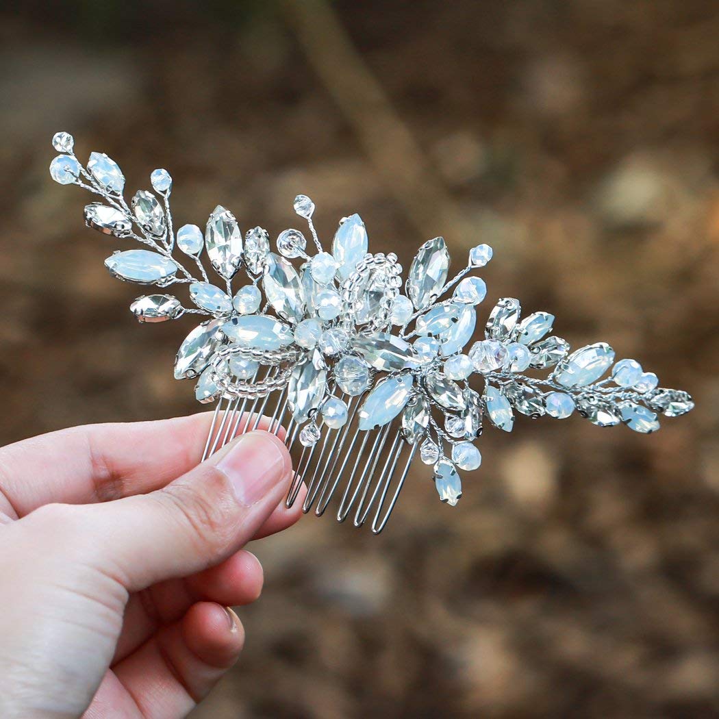 Yean Wedding Hair Comb Silver Rhinestones Blue Opal Crystal Vintage Bridal Hair Clips Combs for Brides and Bridesmaids