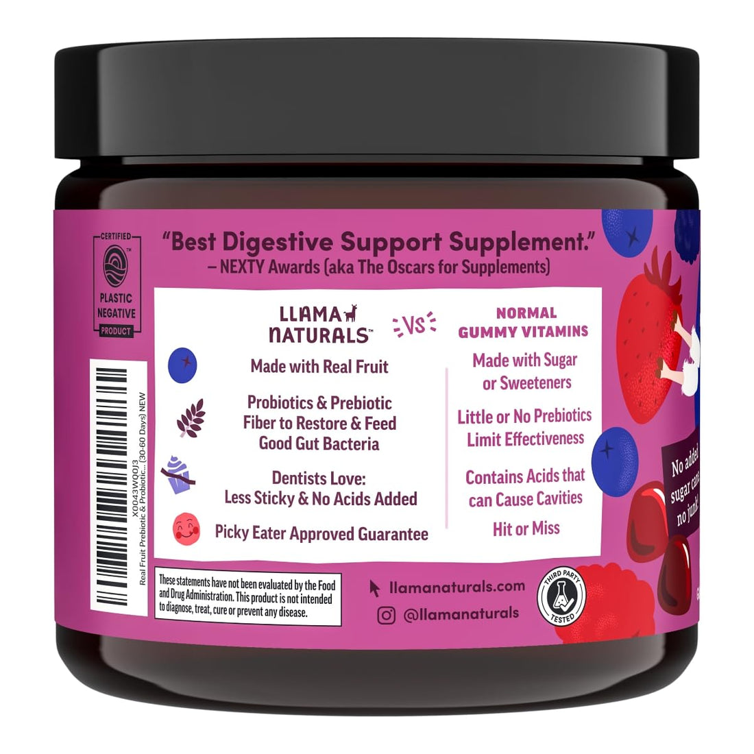 Llama Naturals Prebiotics and Probiotics for Kids, Real Fruit Gummy Vitamins, Probiotic Gummies with Prebiotic Fiber for Gut Health Support, No Sugar Added, Mixed Berry, 60 Ct (30-60 Day Supply)