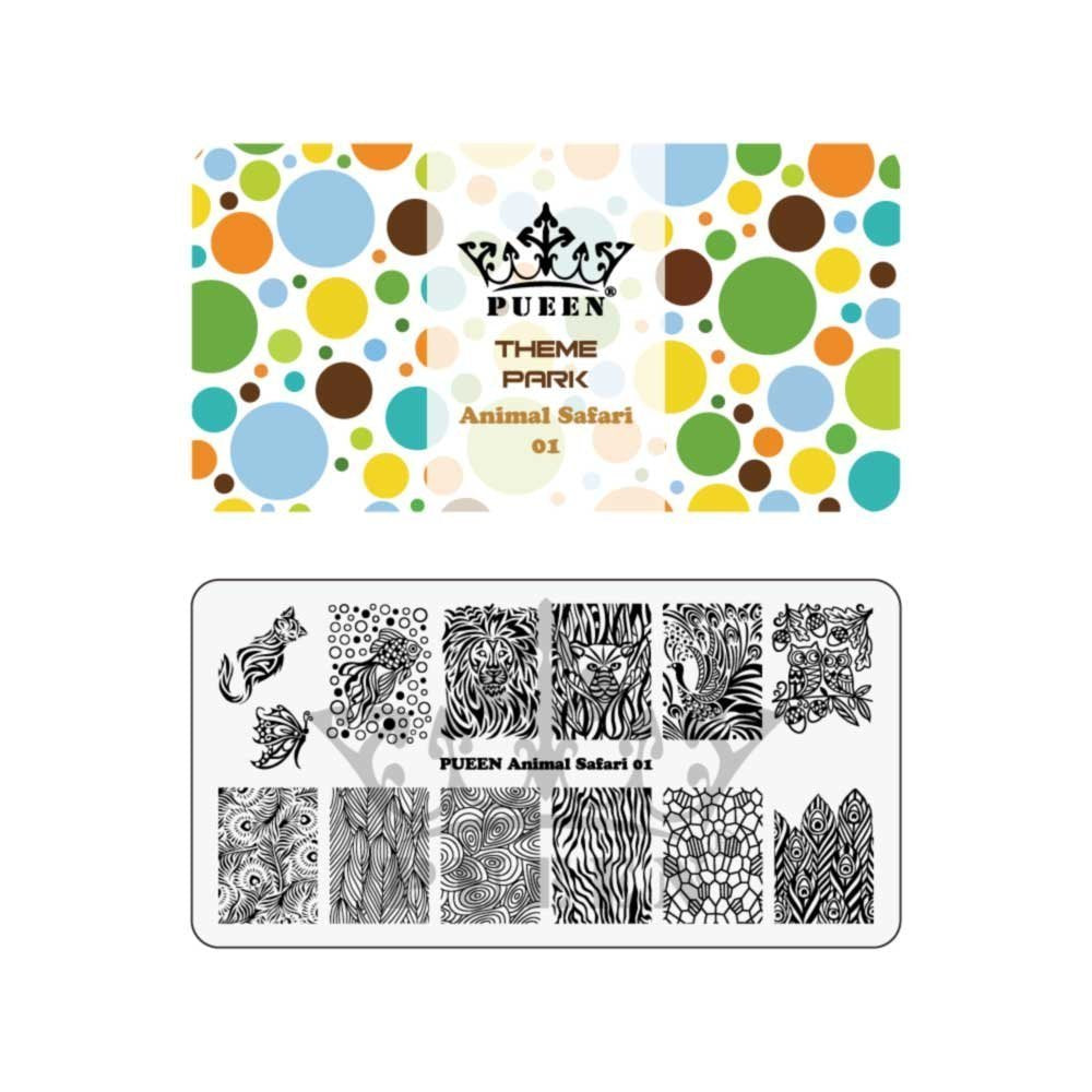 PUEEN Nail Art Stamping Plate - Animal Safari 01 - Theme Park Collection 125x65mm Unique Nailart Polish Stamping Manicure Image Plates Accessories Kit - BH000713