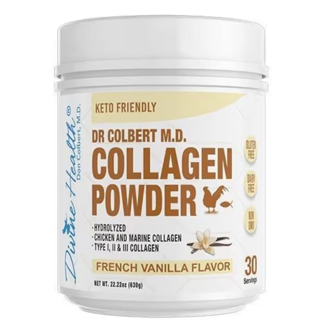 Divine Health Dr. Colbert MD Hydrolyzed Collagen Powder | Vanilla Flavor | Type I, II, III Chicken & Marine Collagen Peptides | Recommended in Keto Zone Diet Book Hair, Skin and Nails