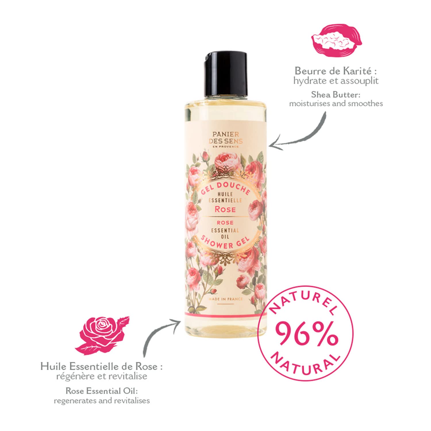 Panier des Sens – Rose Shower Gel - Foaming Body Wash Women & Men - Moisturizing Body Soap with Shea Oil - 96% Natural Ingredients Body Care - Vegan Liquid Body Wash - 8,45 floz