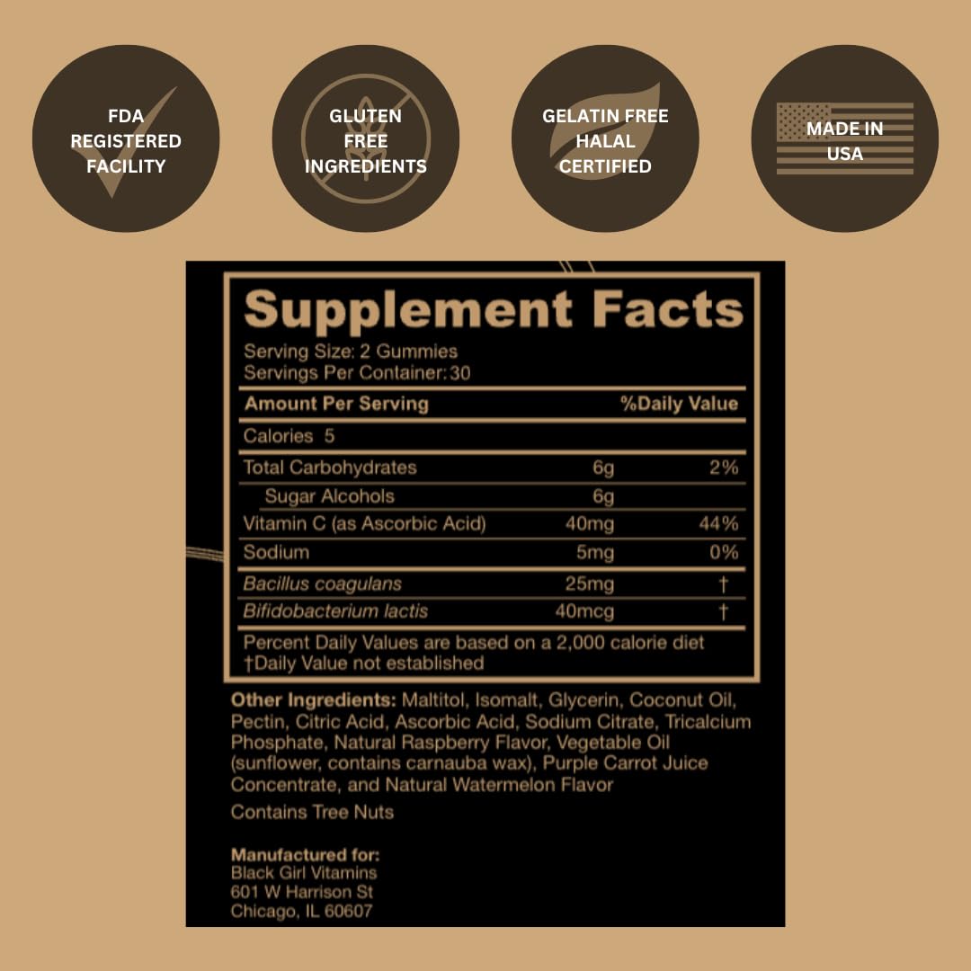 Black Girl Vitamins - Probiotic Gummies for Digestive Health and Immune Support, Gluten-Free Vitamins, (Raspberry-Watermelon), 60ct