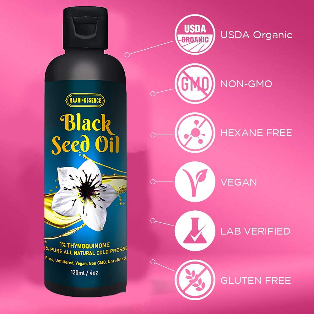 Maani ETHIOPIA'S FINEST Black Seed Oil 100% Pure Cold Pressed Ethiopian Premium Seeds Cumin All Natural Nigella Sativa Kalonji Herbal Edible Blackseed 2.79% Thymoquinone TQ (4oz / 120ml)