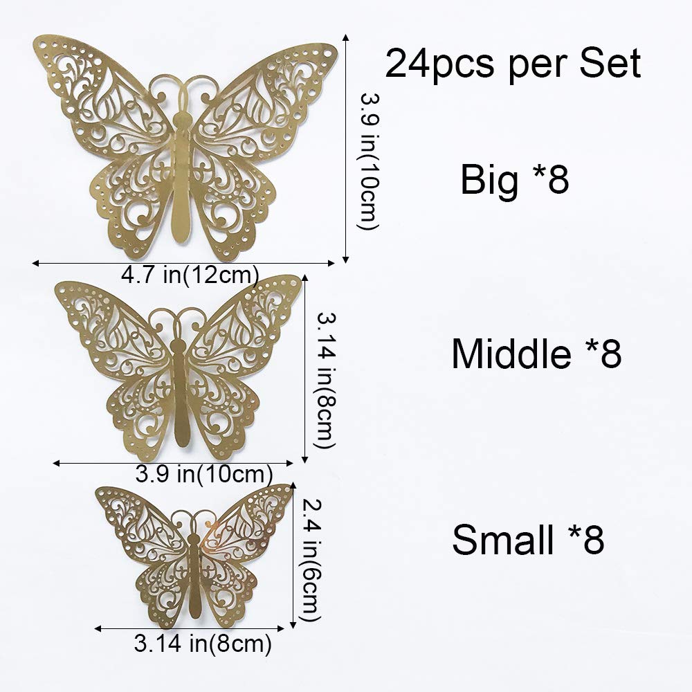 24Pcs Gold Silver Butterfly Wall Sticker Decal 3D Metallic Art Butterfly Mural Decoration DIY Flying Stickers for Kids Bedroom Home Party Nursery Classroom Offices Décor (Branches Gold 5)
