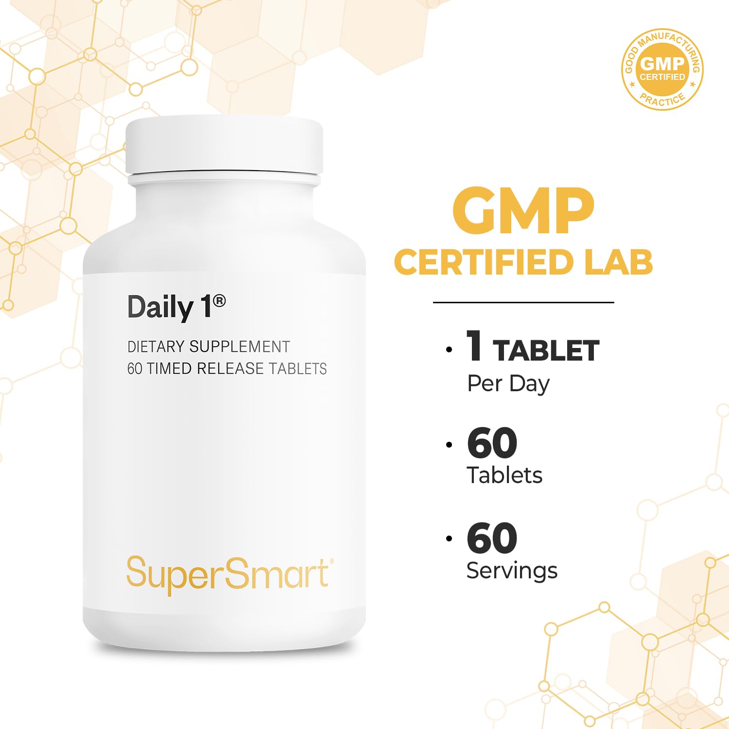 Supersmart - Daily 1® Timed Release - Multivitamin Supplement for Women & Men - with BioPQQ®, Vitamin A, B, C, D & E, Biotin, Quercetin & Fisetin | Made in USA | Non-GMO & Gluten Free - 60 Tablets