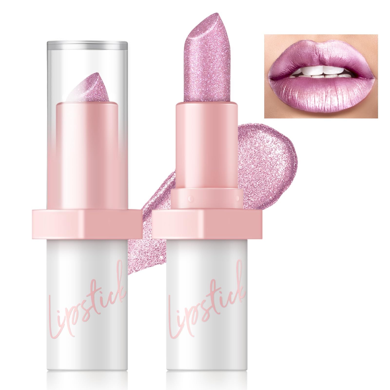 HOSAILY Metallic Pink Frost Glitter Lipstick for Women, Long Lasting High Shine Diamond Creamy Nude Light Pink Lipstick Transfer Proof,Shimmer High Impact Full Coverage Non Stick Cup Lip Makeup#1