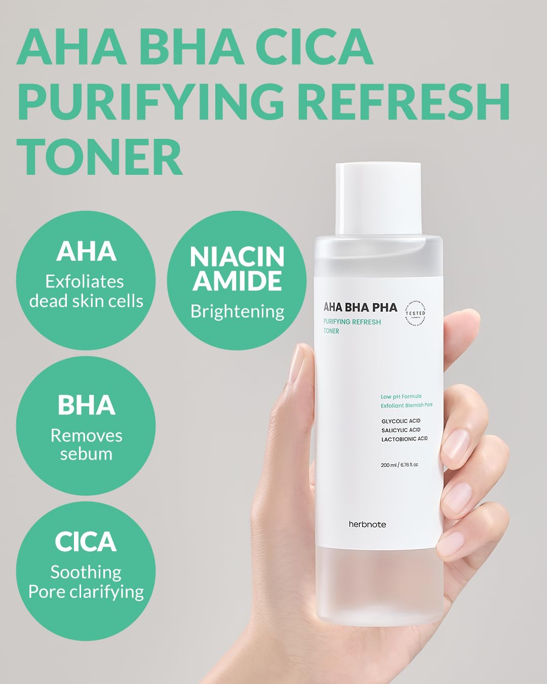 HERBNOTE AHA BHA PHA Purifying Refresh Toner - Skin Trouble Eraser, Immediate Exfoliation & Sebum Removal - Contains Niacinamide for Breakouts - Removes Blocked Sebum & Dead Skin Cells, 6.76 f l. oz