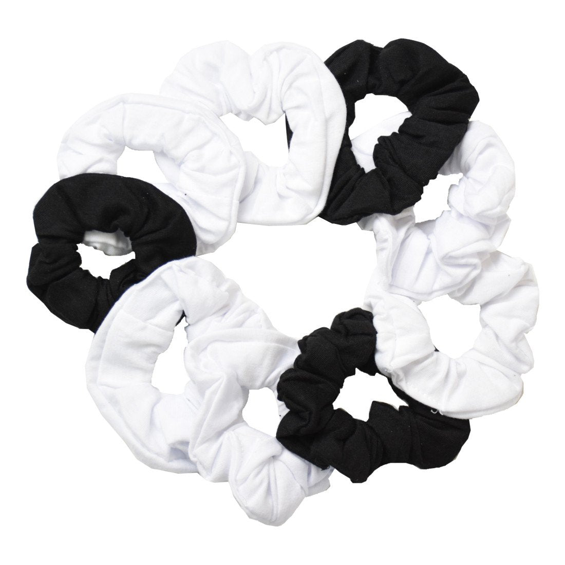 6 White 3 Black : Set of 9 Solid Scrunchies - 6 White and 3 Black
