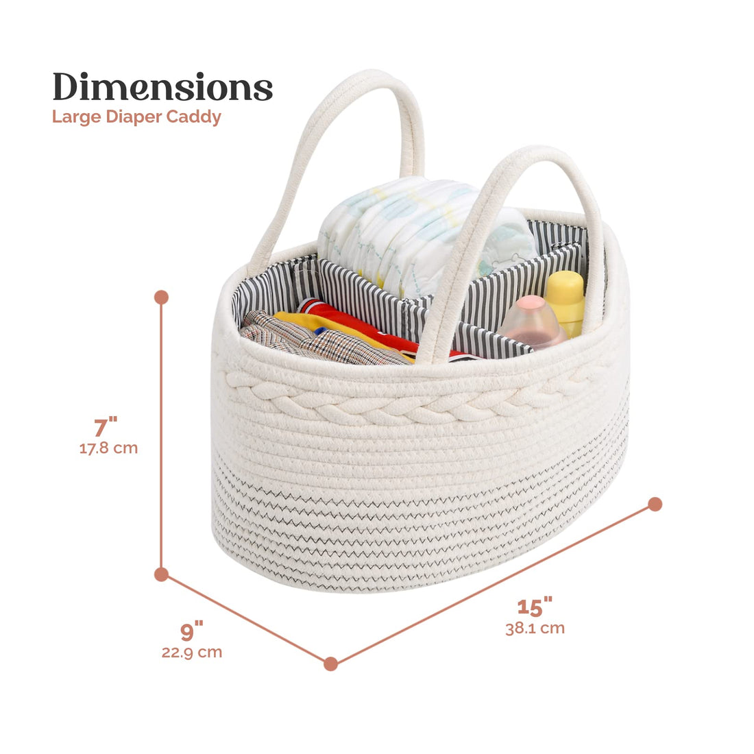 luxury little Diaper Caddy Organizer, Large Cotton Rope Nursery Baby Basket, Changing Table Organizer for Baby Diaper Storage, Portable Car Organizer with Removable Divider, Baby Shower Gifts - White