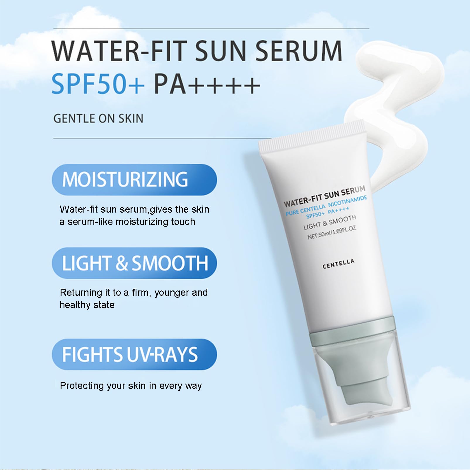 á Sunscreen SPF 50, Hyalu Cica Water-Fit Sun Serum, Face Sun Screen Long-Lasting Protection, Cen-tella Madagascar Sunscreen, NO White Cast - Dry Oily Skincare (Blue 1)