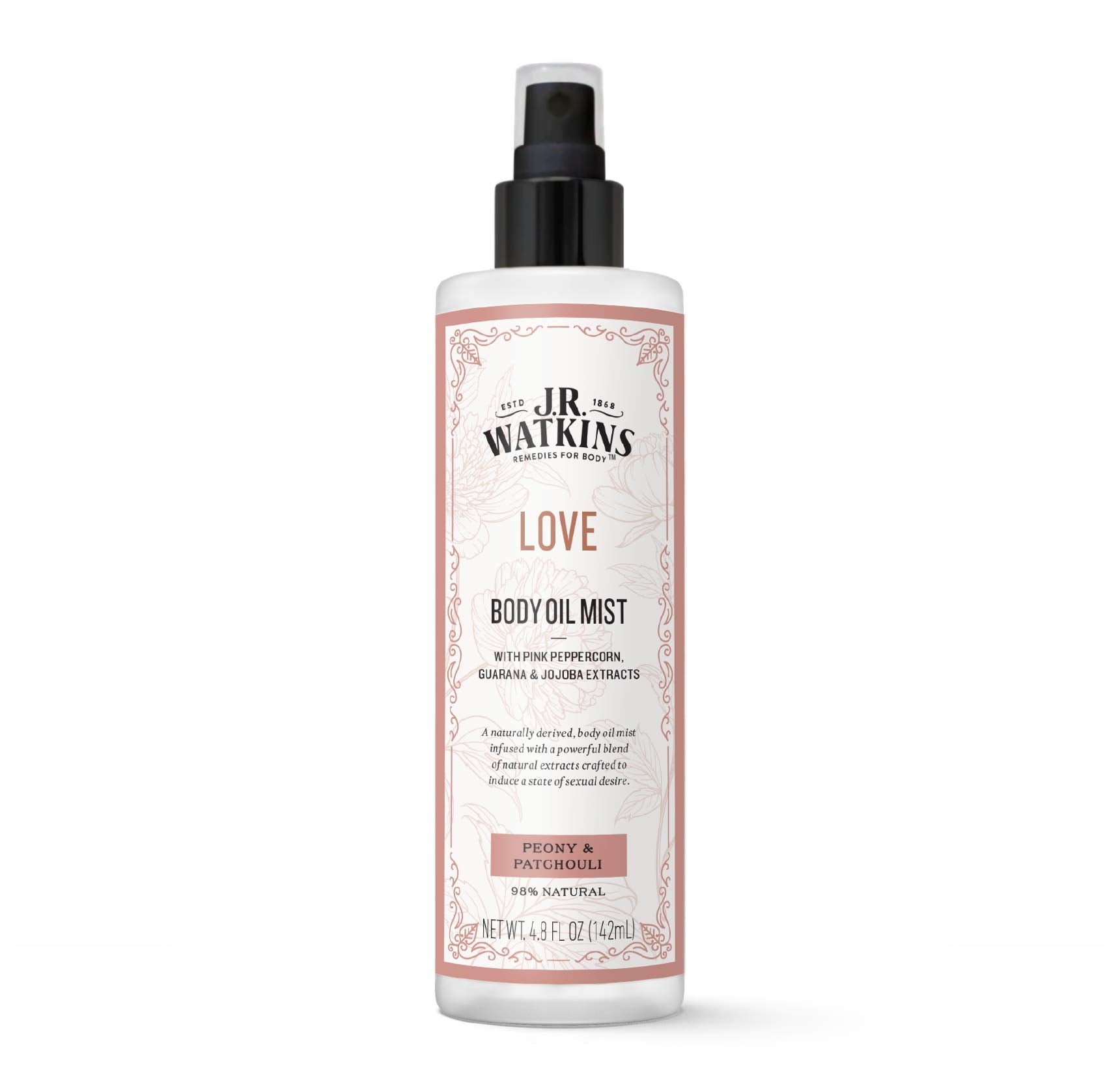 J.R. Watkins Love Body Oil Mist, Hydrates Skin and Boosts Stimulation, Natural Peony & Patchouli, 4.8 oz