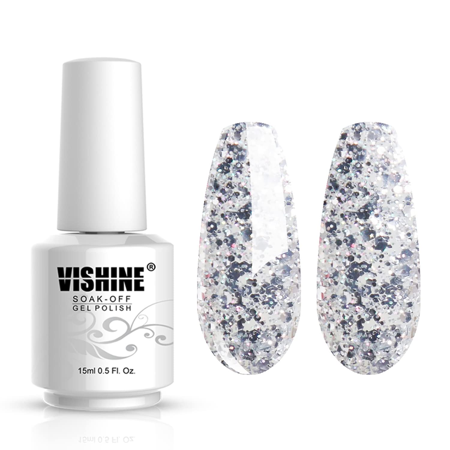 Vishine Long-Lasting Shiny Color Soak Off UV LED Manicure Lacquer Gel Nail Polish (1853-Glitter Silver)