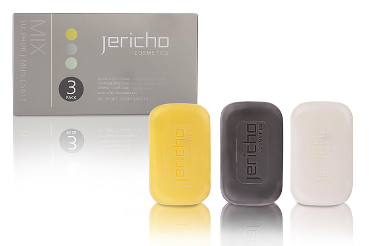 Jericho Cosmetics Natural Soap Variety Pack – 3 Bars (Sulfur, Dead Sea Mud, and Mineral-Rich) – Dead Sea Minerals, Vegan, & Triple Milled for All Skin Types – 3 x 4.4 oz Bars