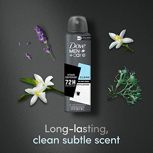 Dove Men+Care Antiperspirant Deodorant Stain Defense Clean Dry Spray For Men Anti-White Marks & Yellow Stains, 72-hour Sweat and Odor Protection with Triple Defense Technology 3.8 oz