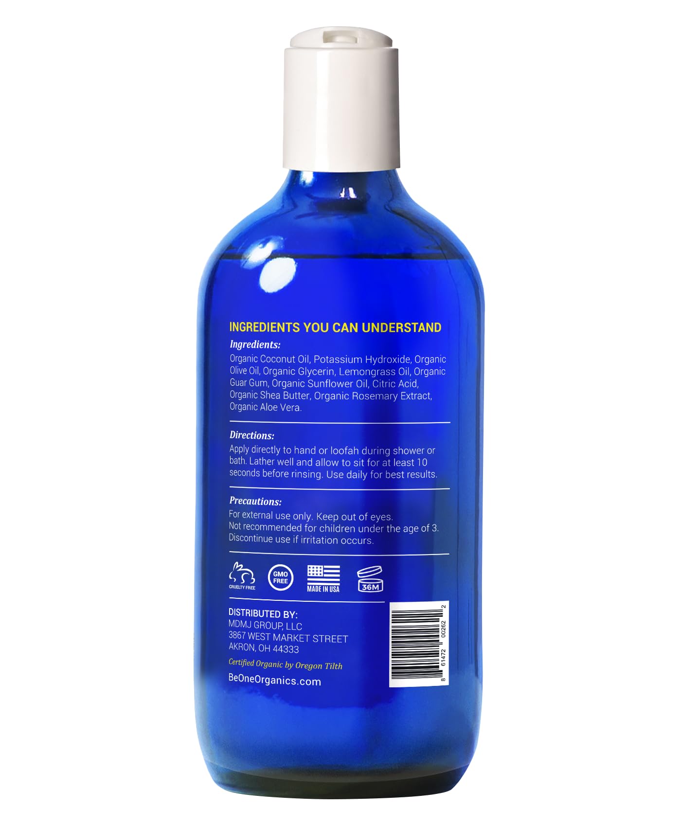 BE-ONE ORGANICS Certified Organic Lemongrass Body Wash Body Wash - Paraben & Sulfate Free - All Natural - Eczema - Sensitive Skin - Vegan - Gentle - For Men & Women - MADE IN USA