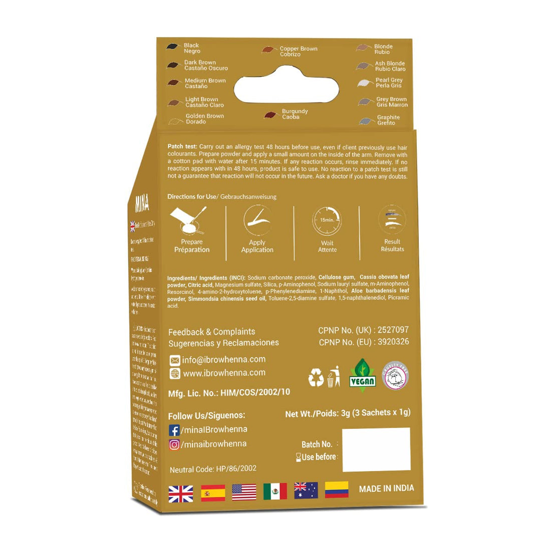 Mina ibrow Hair Color Golden Brown|Natural Spot coloring Hair Tinting Powder, Water and Smudge Proof | No Ammonia, No Lead with 100% Gray Converge|Vegan and Cruelty free