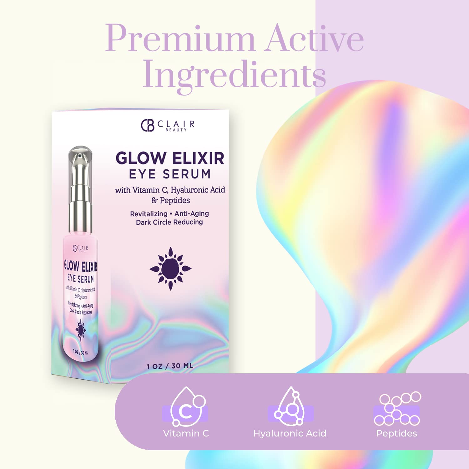 Glow Elixir Eye Serum With Vitamin C, Hyaluronic Acid & Peptides - Revitalizes and Moisturizes | Reduces Dark Circles and Puffiness | Reduce Wrinkles and Fine Lines - 30mL