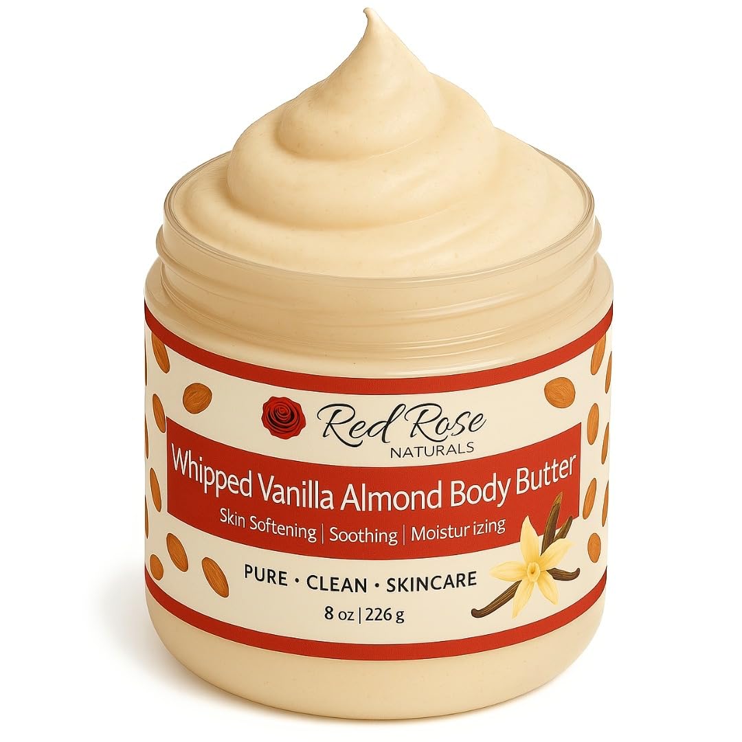Red Rose Naturals Whipped Body Butter, Scented Vanilla Body Moisturizer 8 oz., Coconut Oil & Shea Butter for Sensitive, Dry Skin, Non-Greasy, Soft & Creamy, Natural Skincare for Women & Men – Vegan