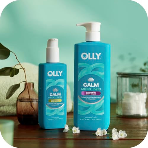 OLLY Calm Body Wash with Hyaluronic Acid, Adaptogens & Vitamin B3– Nourishing Cleanser for Skin Barrier Repair, Deep Hydration, Eucalyptus Amber Scent, 17oz