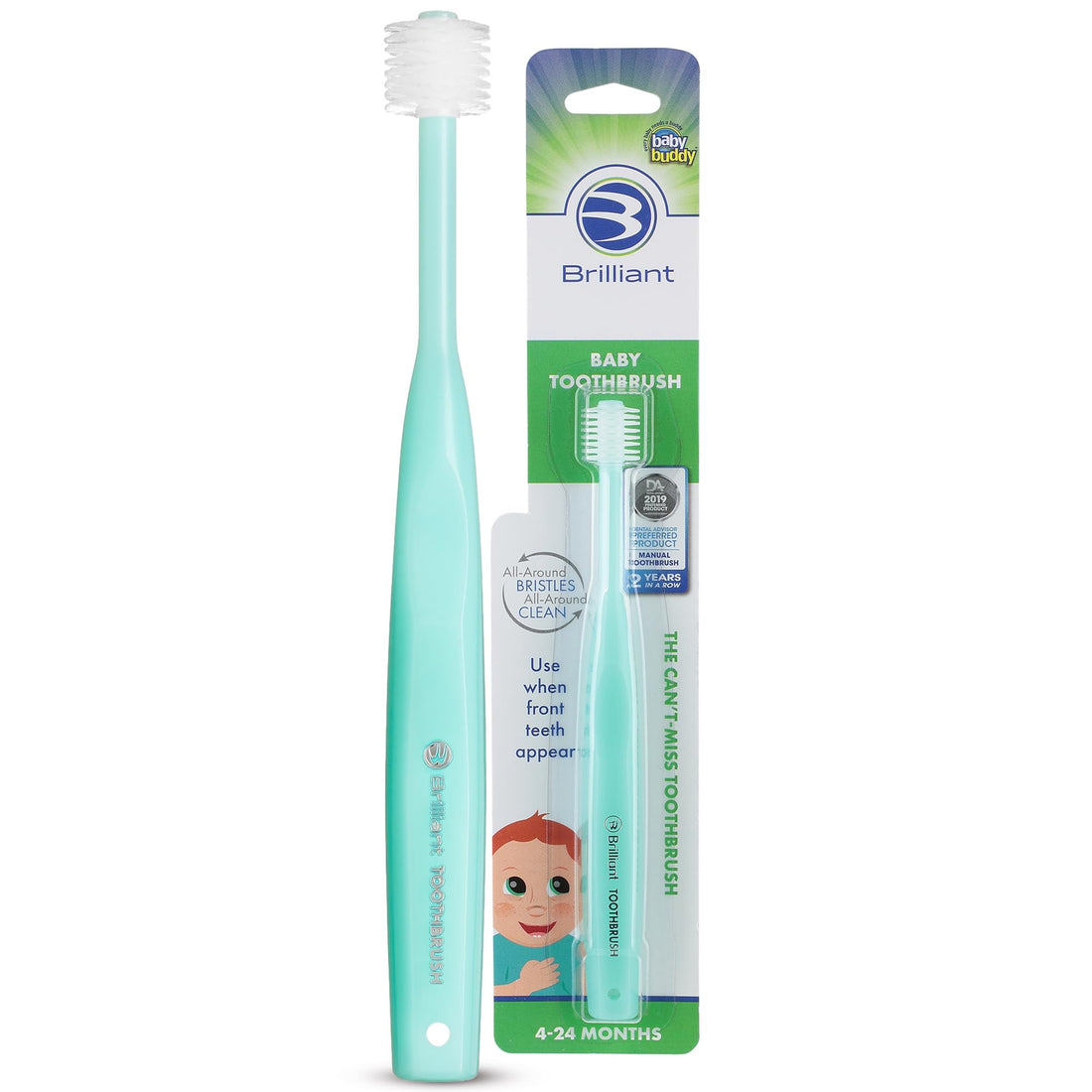 Brilliant Oral Care Baby Toothbrush with Soft Bristles and Round Head, for a Toddler Approved, Easy to Use All-Around Clean Mouth, Ages 0-2 Years, Mint Green, 1 Pack