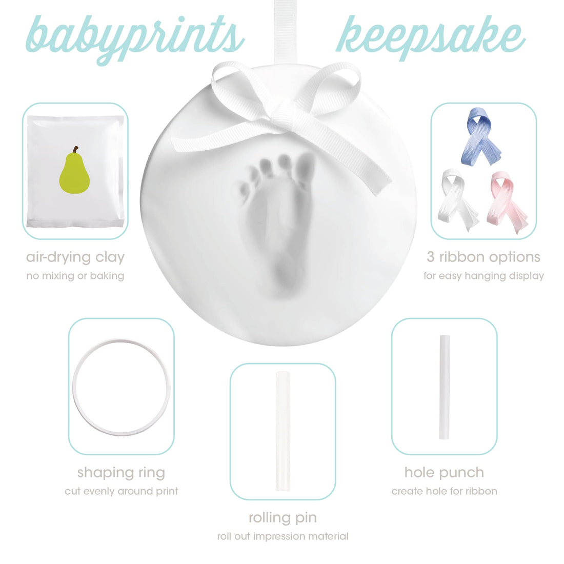 Pearhead Baby Handprint or Footprint Kit, My First Christmas Ornament, DIY Clay Keepsake Kit, Gift For New And Expecting Parents, 3 Multicolored Ribbons For Baby Girl or Baby Boy