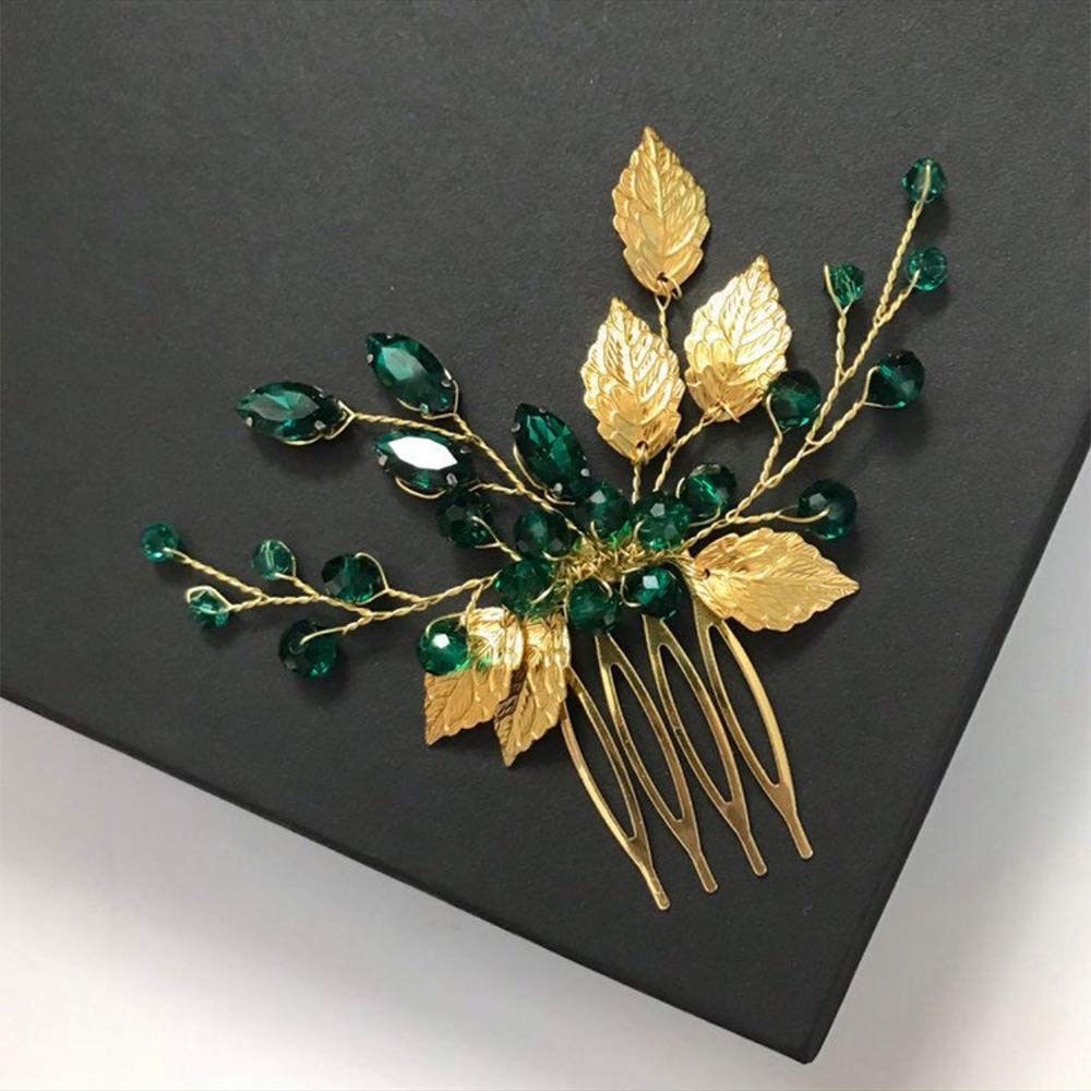 Aimimier Bridal Leaf Hair Comb Green Crystal Headpiece Vintage Emerald Wedding Bridesmaid Hair Accessories for Women and Girls