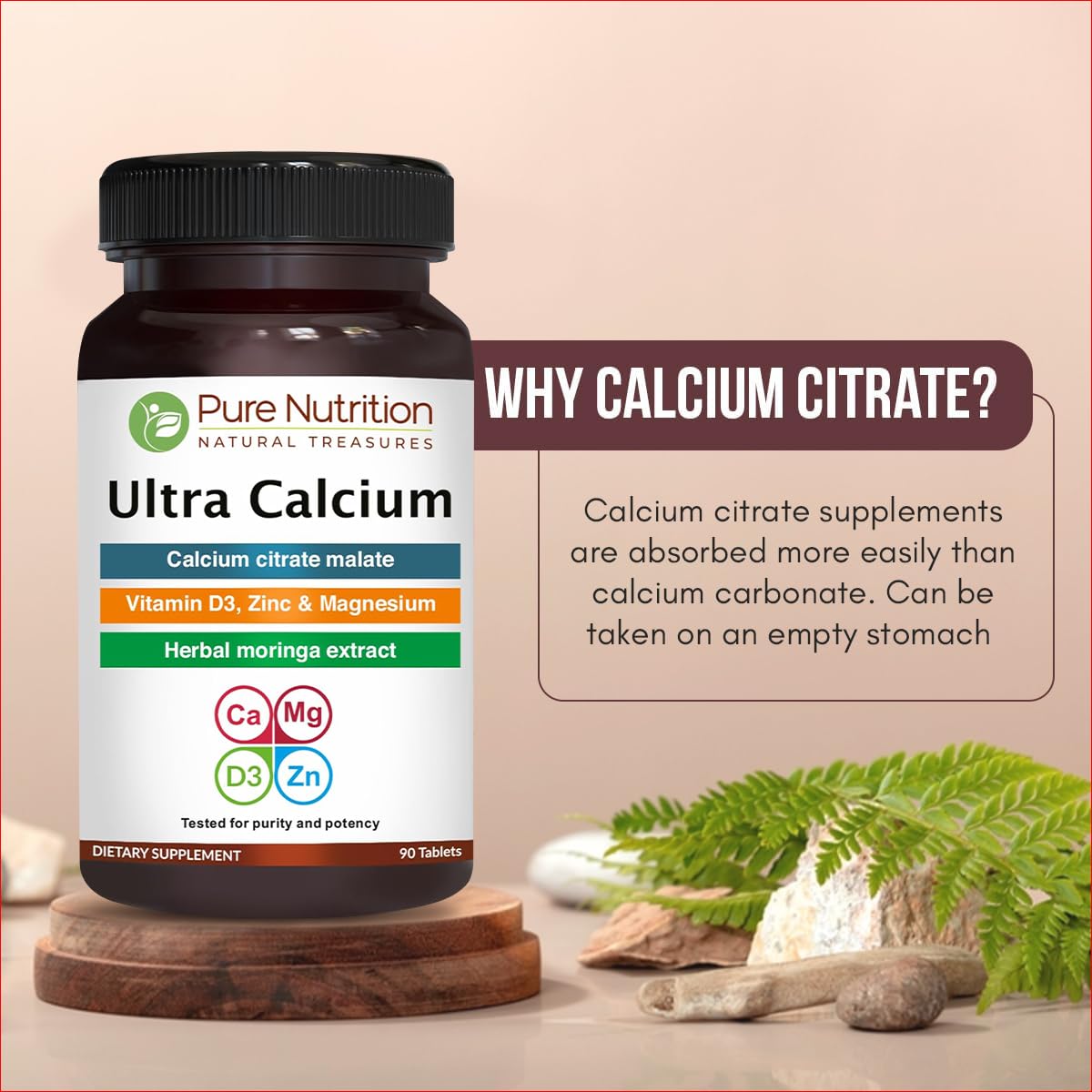 Pure Nutrition Ultra Calcium Citrate 1000mg Highly absorbable Calcium Supplement with Calcium Citrate Malate, Vitamin D, Zinc and Magnesium - 1 Tablet Daily (90 Veg Tabs) Non-GMO | Gluten-Free